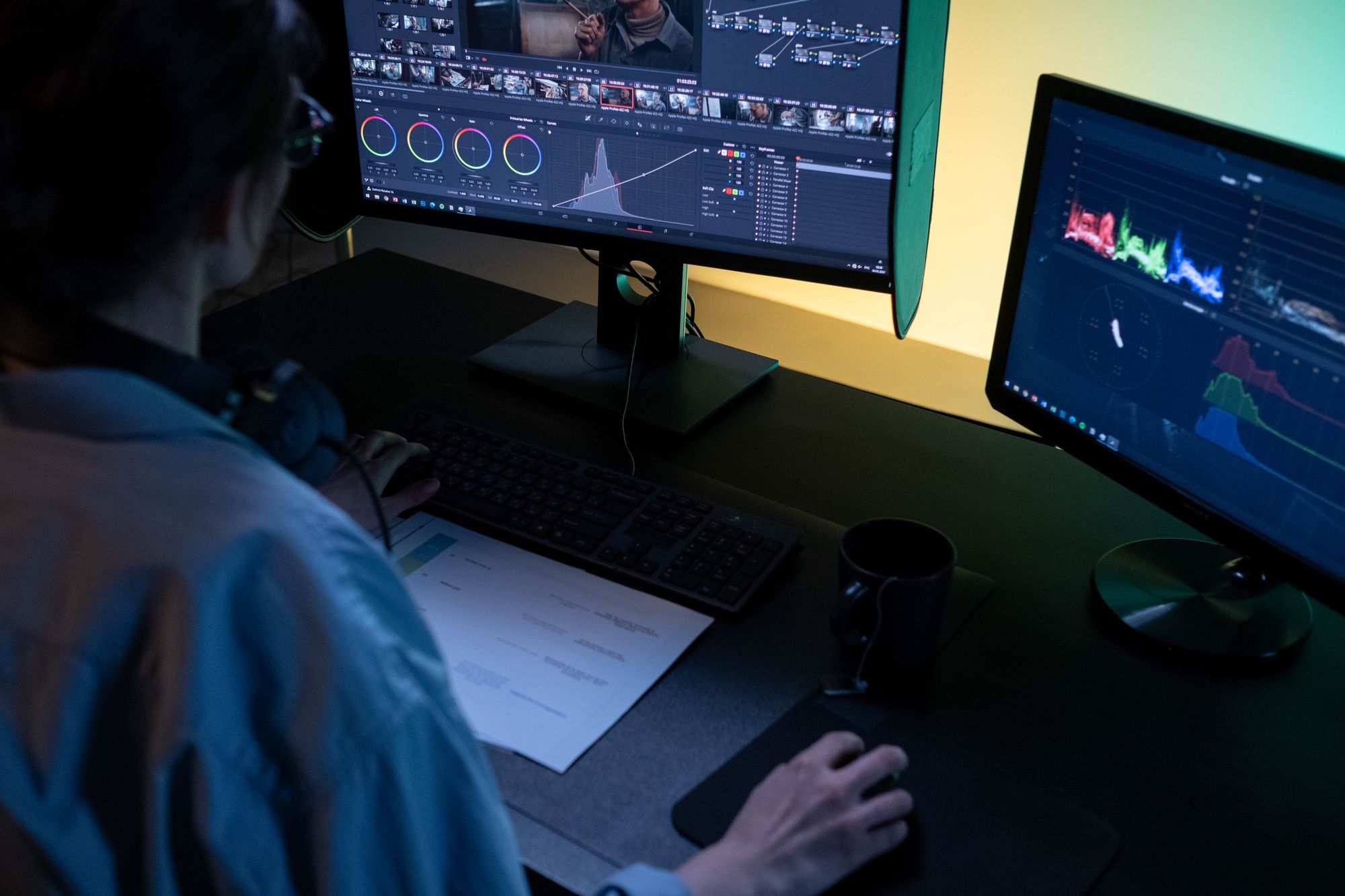 Colorist working at a post-production station